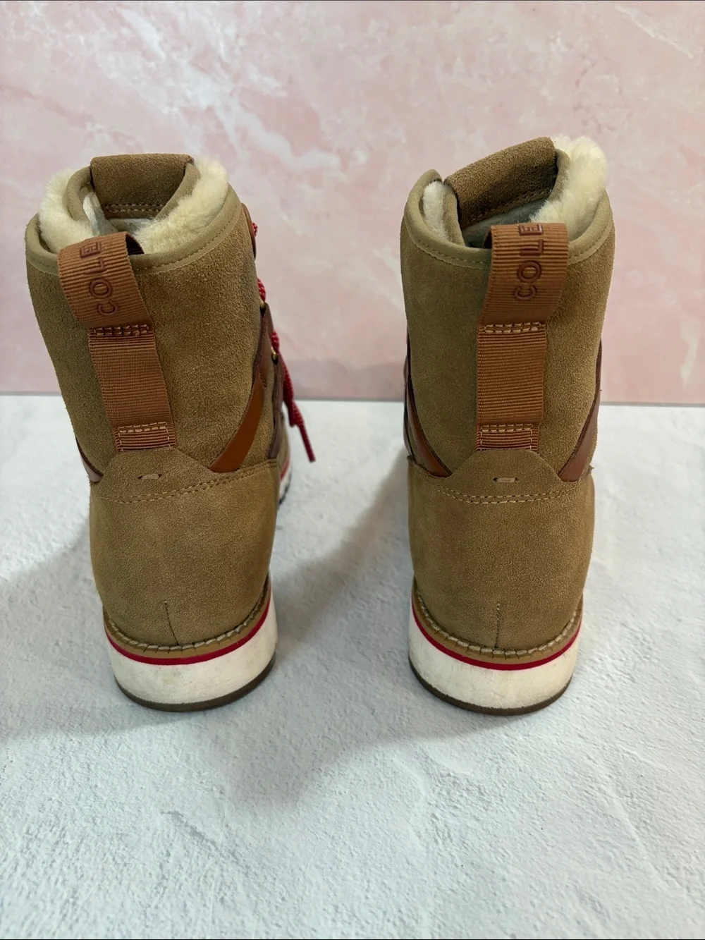 Cole Haan Tan Suede Shearling-Trim Winter Hiker Boots with Red Laces